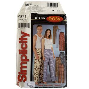 Simplicity EASY Sewing Pattern 9871 Women's Men's Lounge PJ Pants Sizes XS- XL